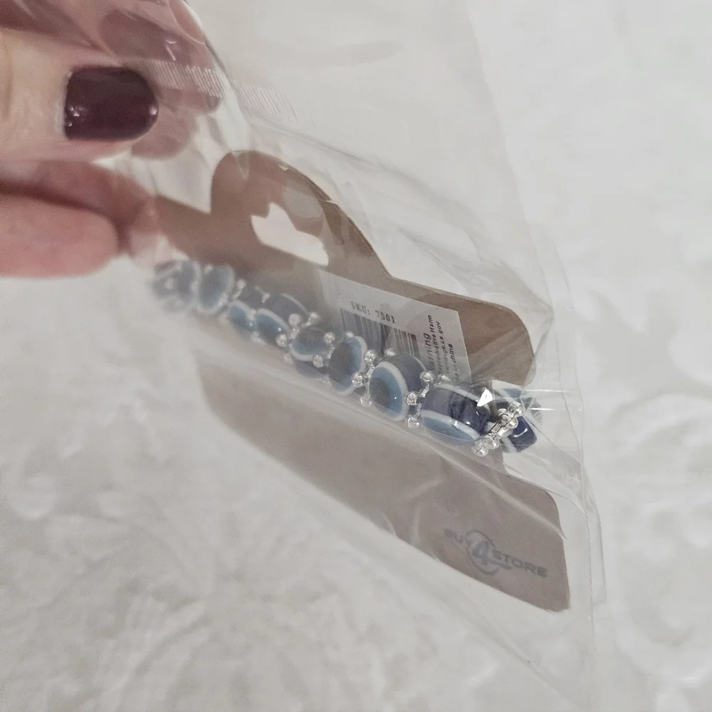 Blue Evil Eye And Hamsa Hand Bracelet with Silver Accents- New In Package - Picture 3 of 6